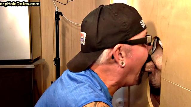 Mature gay daddy sucks cock and eats fresh gloryhole jizz