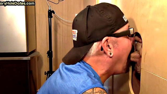 Mature gay daddy sucks cock and eats fresh gloryhole jizz