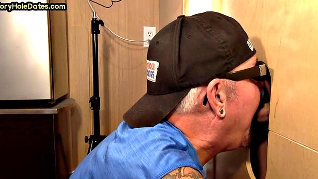 Mature gay daddy sucks cock and eats fresh gloryhole jizz