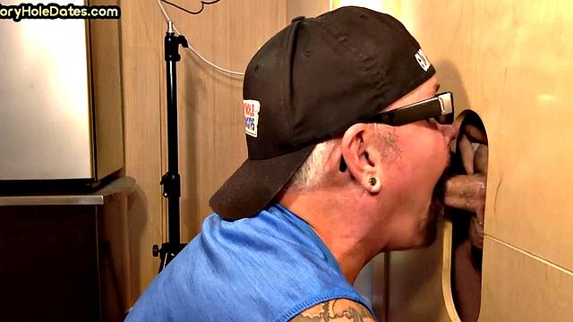 Mature gay daddy sucks cock and eats fresh gloryhole jizz