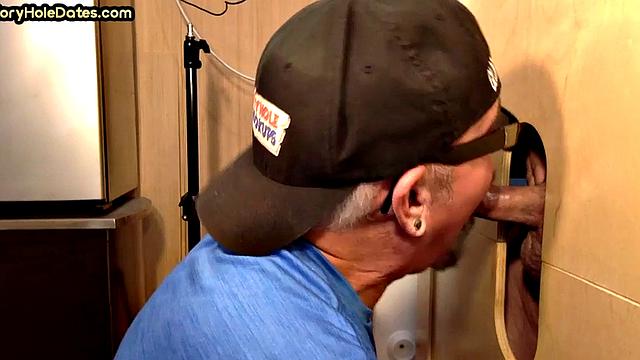 Mature gay daddy sucks cock and eats fresh gloryhole jizz