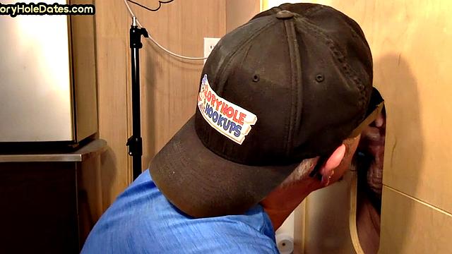 Mature gay daddy sucks cock and eats fresh gloryhole jizz