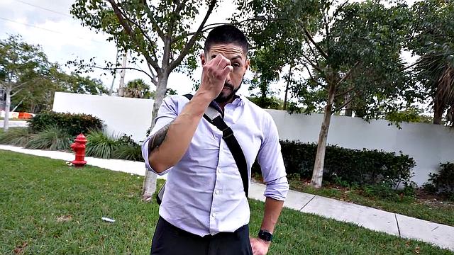 Tattooed picked up guy fucks gay ass in public outdoor van