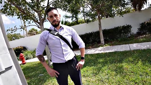 Tattooed picked up guy fucks gay ass in public outdoor van