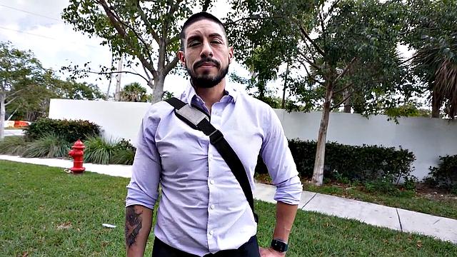 Tattooed picked up guy fucks gay ass in public outdoor van