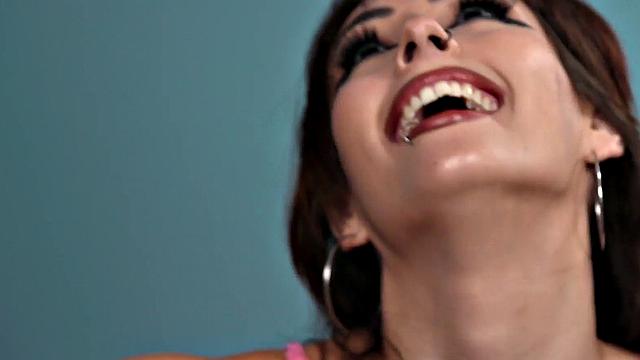 SPH busty inked babe in high heel boots wanks small dick