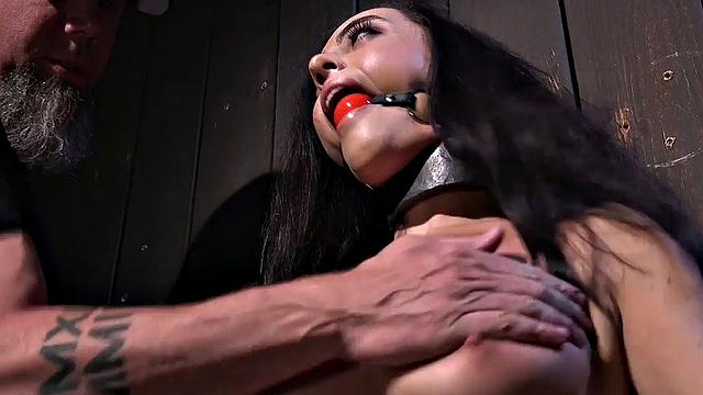 Bondage slut clamped and fingered by dom in session