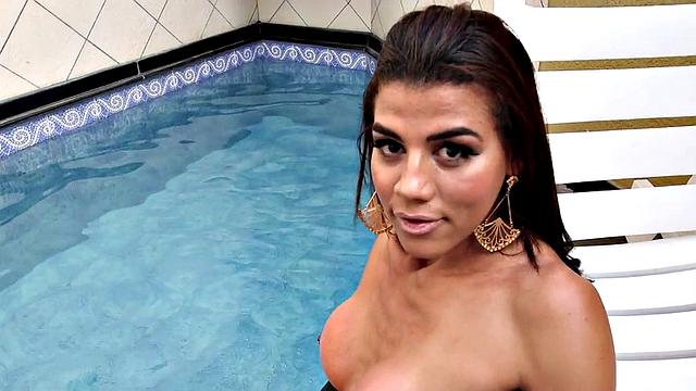 Latina Tgirl in bikini twerks her ass and tugges on cock in bedroom solo