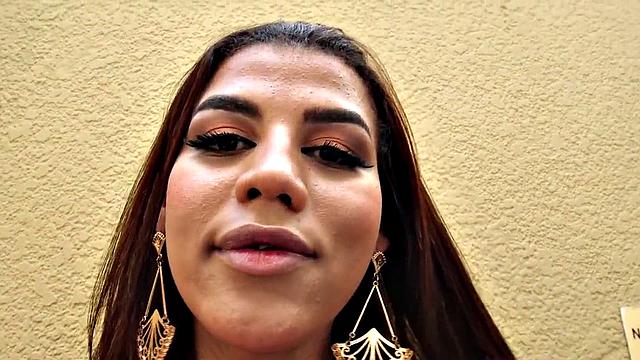 Latina Tgirl in bikini twerks her ass and tugges on cock in bedroom solo