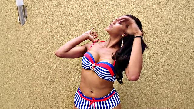 Latina Tgirl in bikini twerks her ass and tugges on cock in bedroom solo