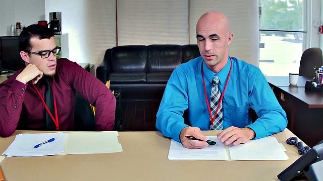 Kinky boss with tattoos fucks hairy ass of his employee in office 3some