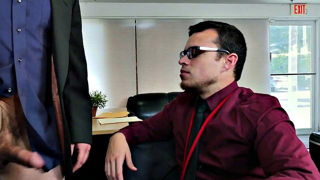 Kinky boss with tattoos fucks hairy ass of his employee in office 3some