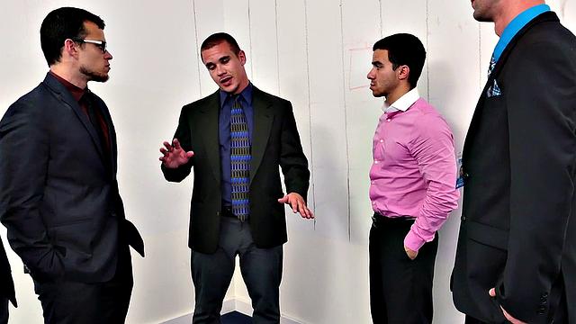 Kinky boss with tattoos fucks hairy ass of his employee in office 3some