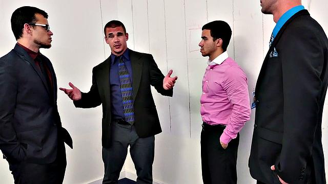 Kinky boss with tattoos fucks hairy ass of his employee in office 3some