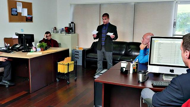 Kinky boss with tattoos fucks hairy ass of his employee in office 3some