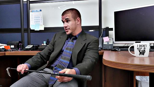 Kinky boss with tattoos fucks hairy ass of his employee in office 3some