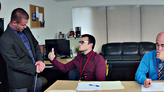 Kinky boss with tattoos fucks hairy ass of his employee in office 3some