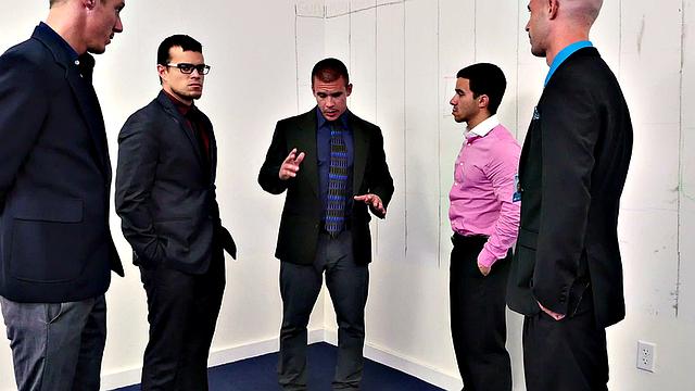 Kinky boss with tattoos fucks hairy ass of his employee in office 3some