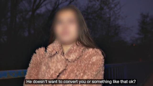 Fake priest bangs face-hiding babe in public van outdoors