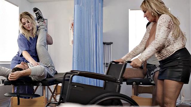 Big-titted cougar and her busty BFF in 3some