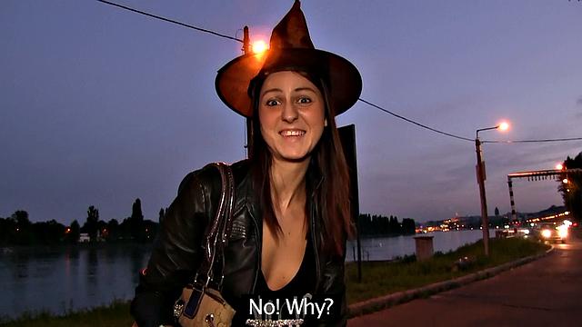 Naughty witch bends over for cash & takes a deep throat pounding in the wild