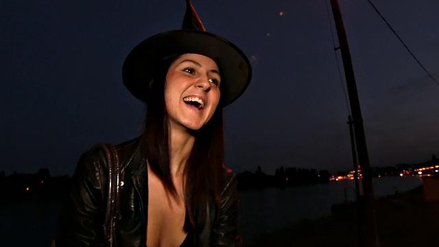 Naughty witch bends over for cash & takes a deep throat pounding in the wild