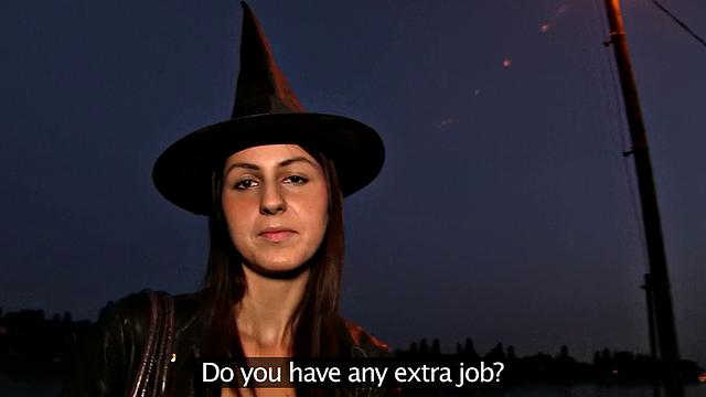 Naughty witch bends over for cash & takes a deep throat pounding in the wild