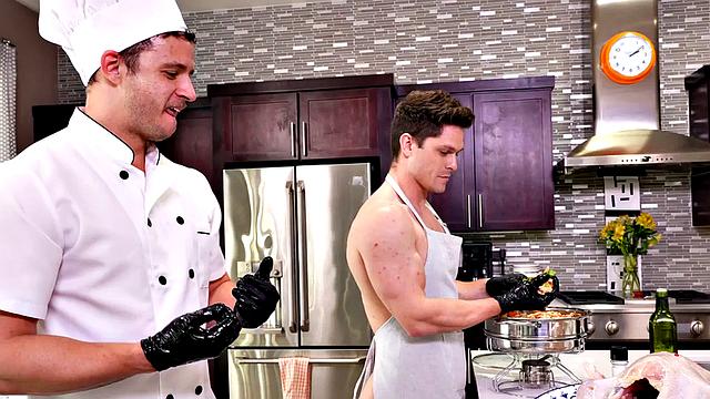 Fisting chef fists assistant cook's asshole in kitchen