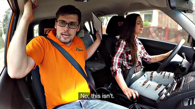 Naughty student gets her bald pussy drilled doggy-style in the car