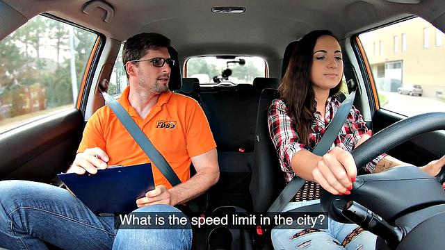 Naughty student gets her bald pussy drilled doggy-style in the car