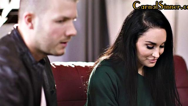 Sinning babe riding lover's cock while dirtytalking