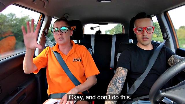 Real driving instrucor babe pussypounded by student in car