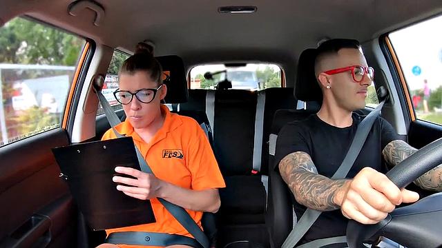 Real driving instrucor babe pussypounded by student in car