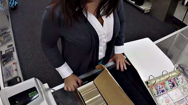 Busty pawnshop MILF sucks cock and gets rammed