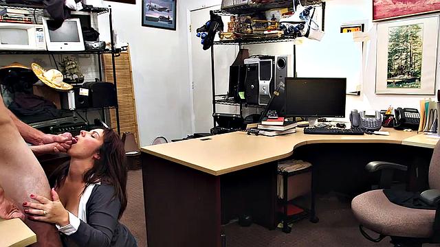 Busty pawnshop MILF sucks cock and gets rammed