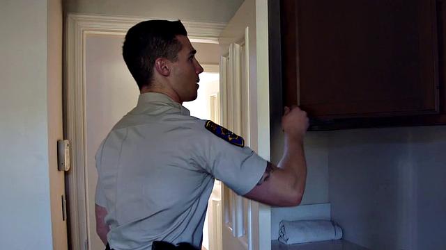 Thick inked bottom cutie gets barebacked by muscular black cop in bedroom