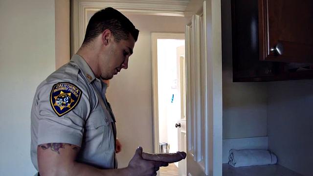 Thick inked bottom cutie gets barebacked by muscular black cop in bedroom