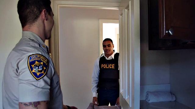 Thick inked bottom cutie gets barebacked by muscular black cop in bedroom