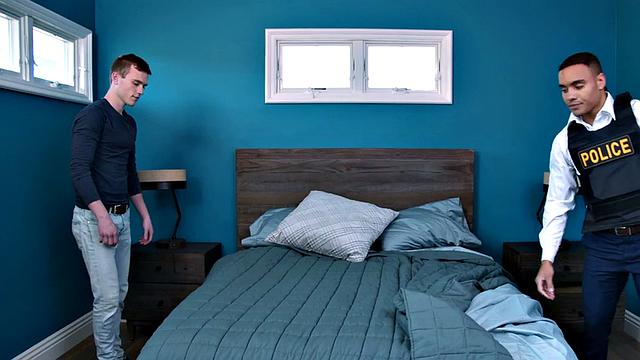 Thick inked bottom cutie gets barebacked by muscular black cop in bedroom