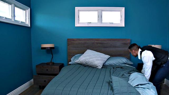 Thick inked bottom cutie gets barebacked by muscular black cop in bedroom