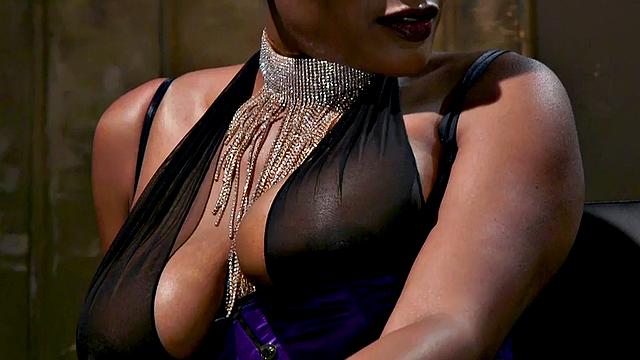 Black domina hits sissy balls and butt before bondage