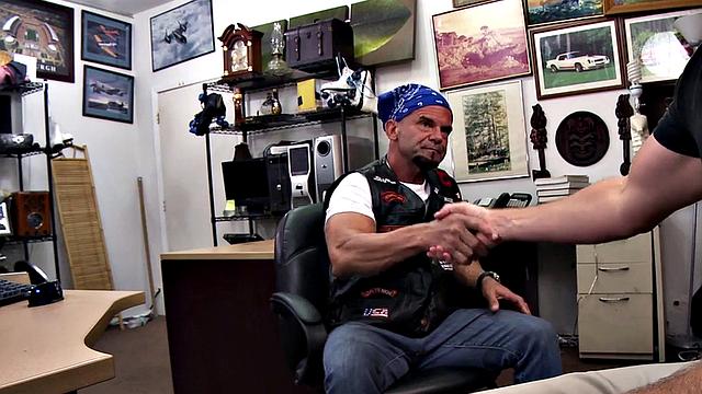Real mature biker gets fucked in pawnshop office