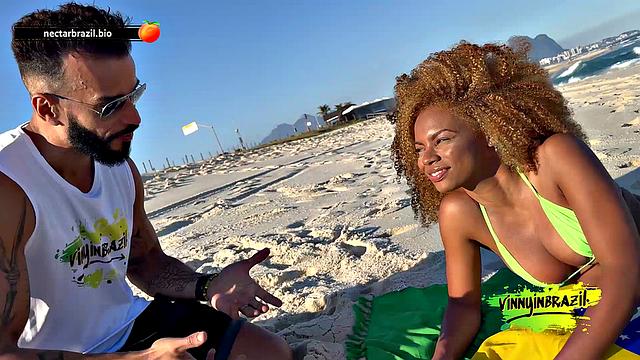 Naughty brunette seduced by actor on deserted beach!