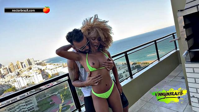 Naughty brunette seduced by actor on deserted beach!