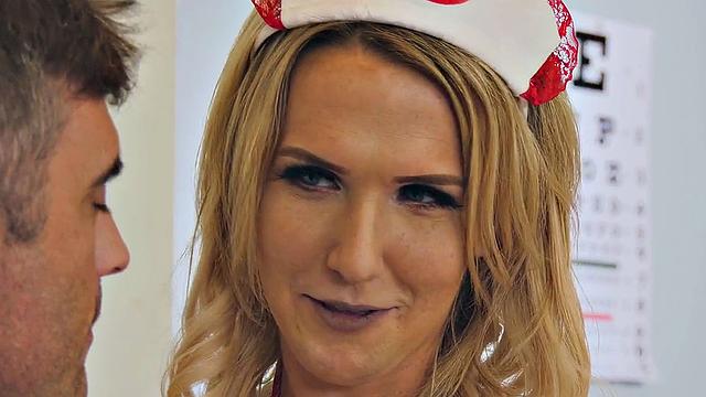 Busty blonde in stockings gets barebacked by doctor in reverse cowgirl action