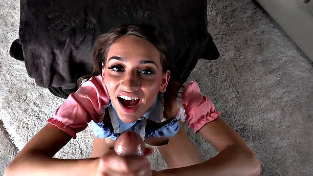 BJ 21yo slut with small boobs rides and deepthroats POV dick