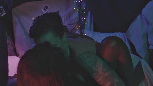 masc man pumping black pussy with strapon in couple