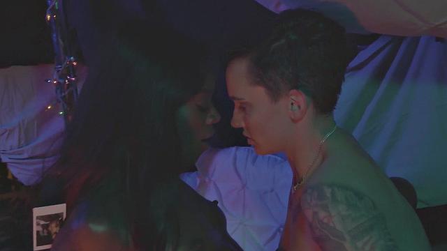 masc man pumping black pussy with strapon in couple