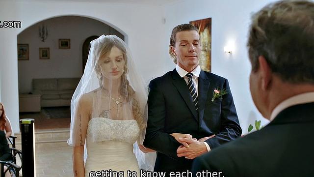 Curly-haired bride receives a wedding gift of a steamy standing fuck with a bald pussy twist