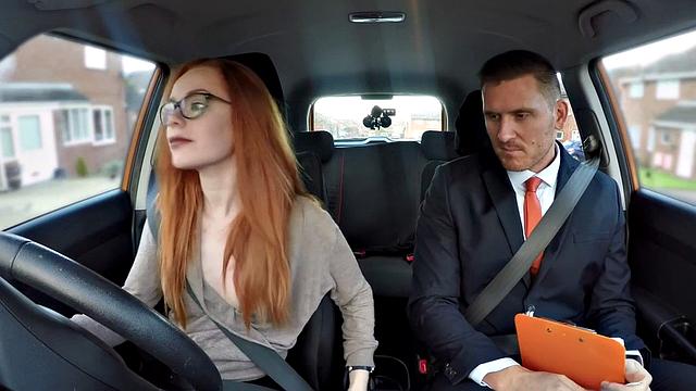 Geeky redhead blows and fucks driving instructor